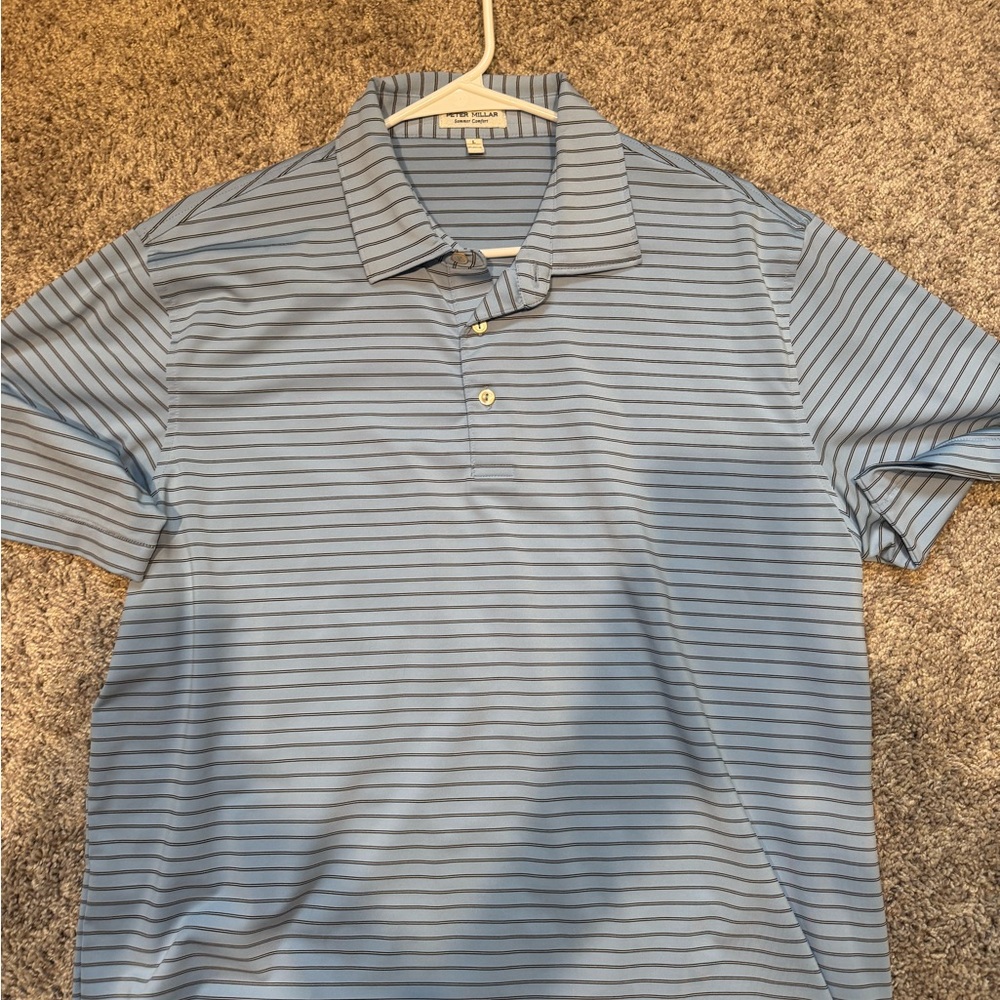 Peter Millar Light Blue and Navy Striped Polo Shirt